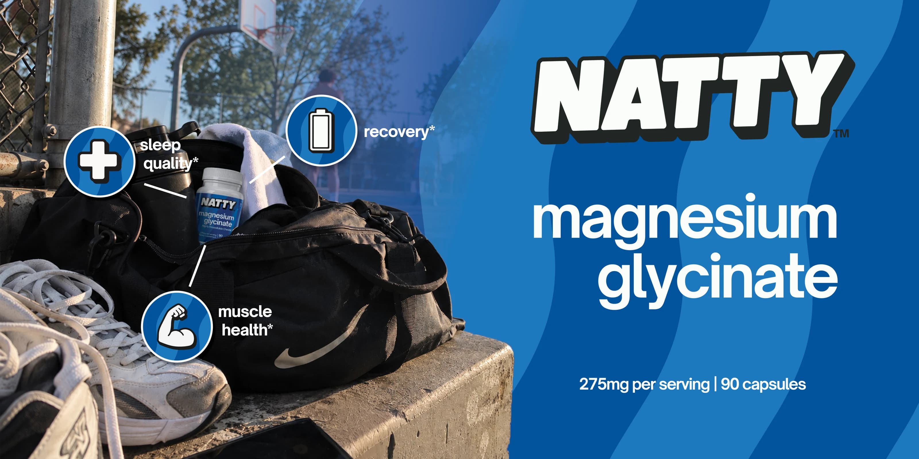 NATTY magnesium glycinate beside a gym bag on a basketball court