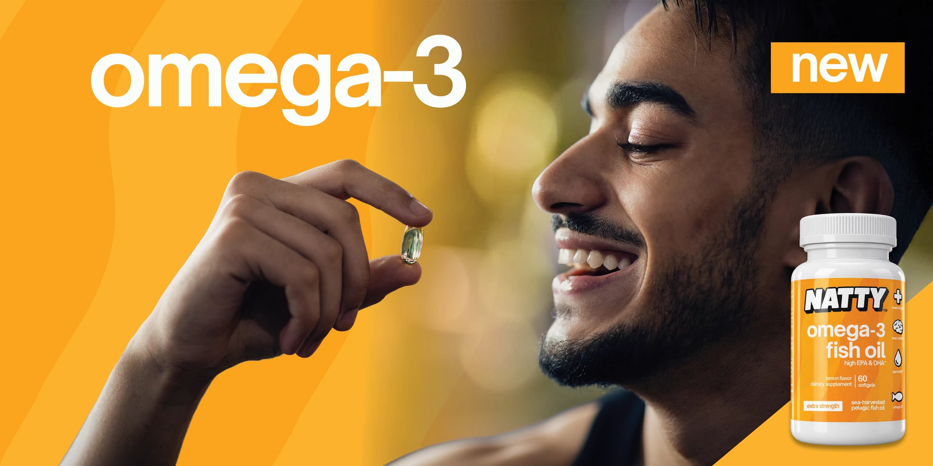 New NATTY omega-3 fish oil, with a man holding a softgel and the product bottle