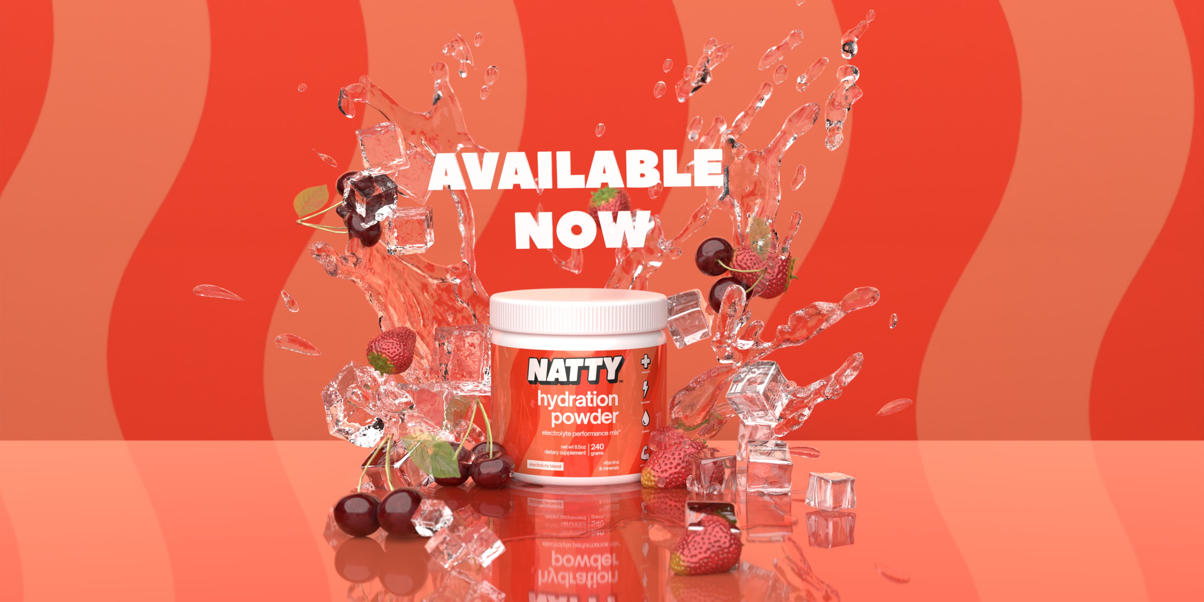 Available now: NATTY hydration powder surrounded by fruit, ice, and splashing water on a coral background